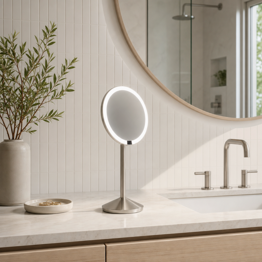 Simplehuman's Sensor Mirror Fold in Brushed with 10x Magnification in a modern bathroom setting. 