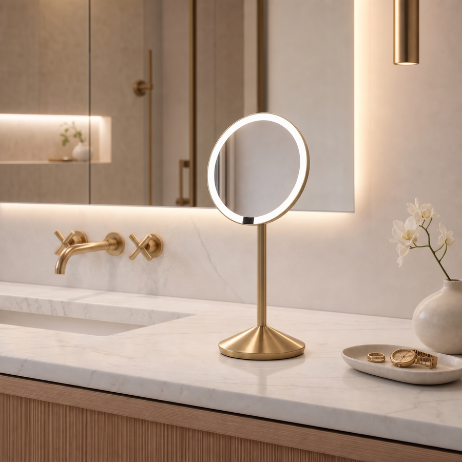 Simplehuman's Sensor Mirror Fold with 10x Magnification in Brass in a modern bathroom setting. 