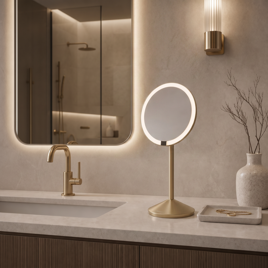 Simplehuman's Sensor Mirror Fold with 10x Magnification in Matte Gold in a modern bathroom setting. 