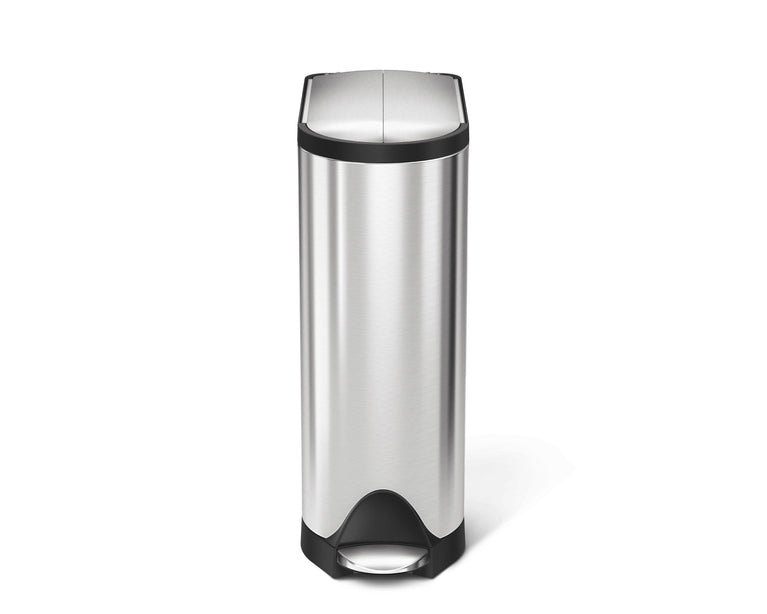 Simplehuman Brushed Stainless Steel Butterfly Step Can, open view of divided lid mechanism and foot pedal. Split doors for clearance under low countertops.