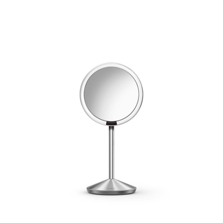 Simplehuman Brushed Stainless Steel Sensor Mirror Fold, touch-free lighting, adjustable design. Folds down flat into a convenient travel case.
