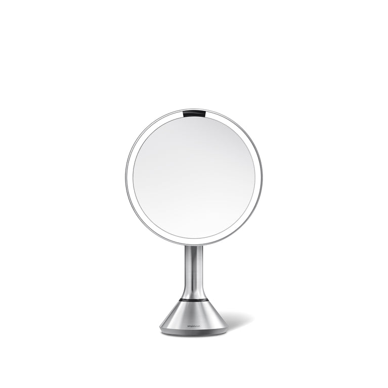 Simplehuman Sensor Mirror Round in Brushed Stainless Steel with touch-control brightness and dual light setting. Touch-control brightness paired with 5x magnification.