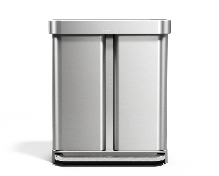 Simplehuman 58L Step Recycler in Brushed Stainless Steel, dual compartment for trash and recycling, hands-free foot pedal. Dual compartments designed for trash and recyclables.