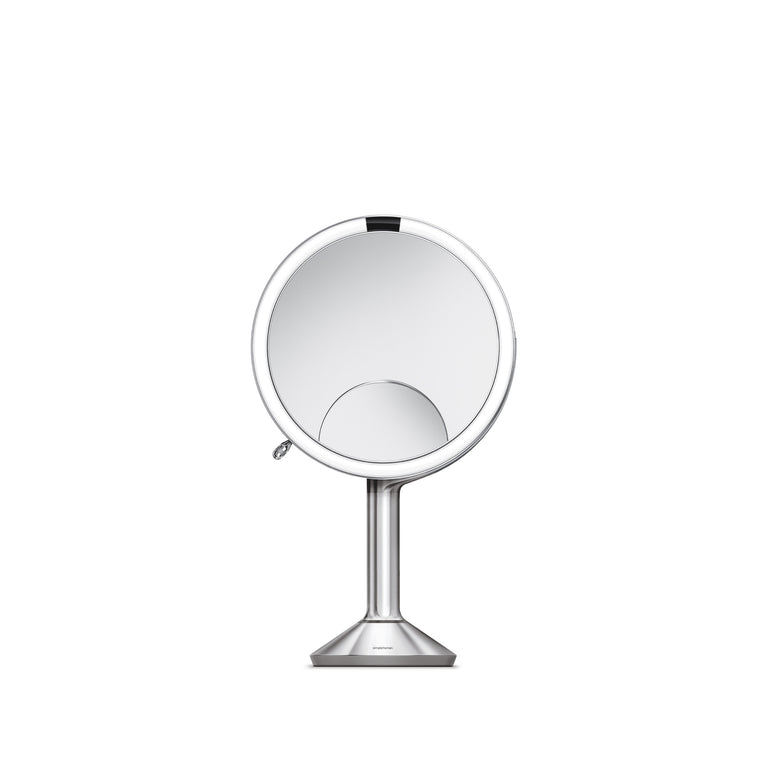 Simplehuman Sensor Mirror Trio, Polished Stainless Steel, touch-free tru-lux lighting and magnification. 1x, 5x, and 10x magnification. Like three mirrors in one.