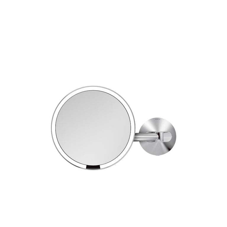 Simplehuman Hard-Wired Sensor Mirror, Brushed Stainless Steel, adjustable wall mount arm, and touch-free operation. Hardwired convenience with a telescopic arm.