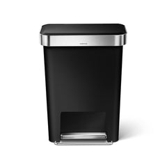45L plastic rectangular step can with liner pocket - black - front view image