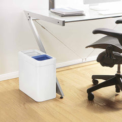 20L dual compartment slim open can - white finish - lifestyle next to desk