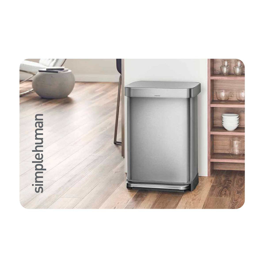 Simplehuman Gift Card featuring a stainless steel rectangular Step Can on a hardwood floor, hands-free operation.